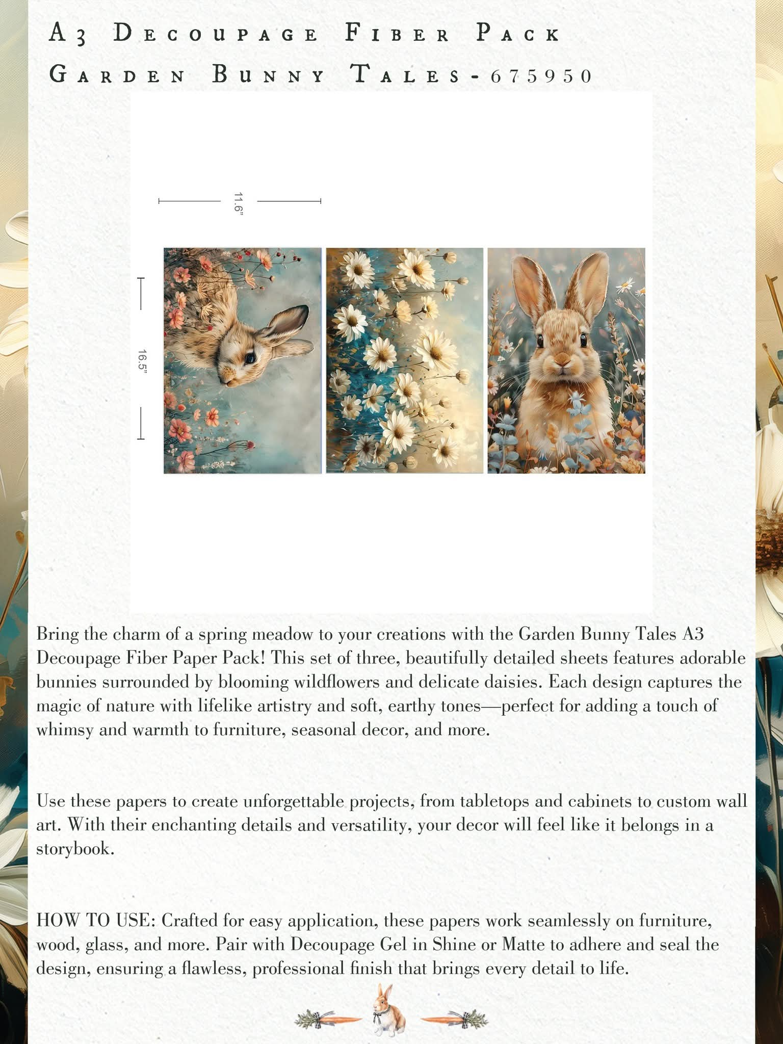 *New* Redesign with Prima Limited Edition Garden Bunny Tales A3 DECOUPAGE FIBRE papers- 3 SHEETS, 11.7”X16.5”