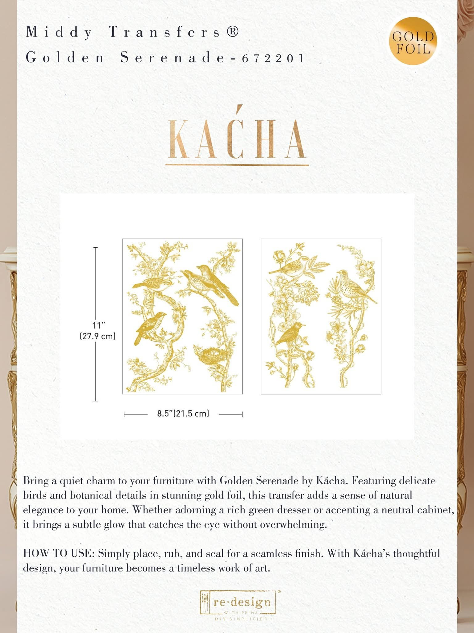 * New* Redesign with Prima Kacha Gold Foil Flat packed Middy Transfer Golden Serenade ( 2 sheets)