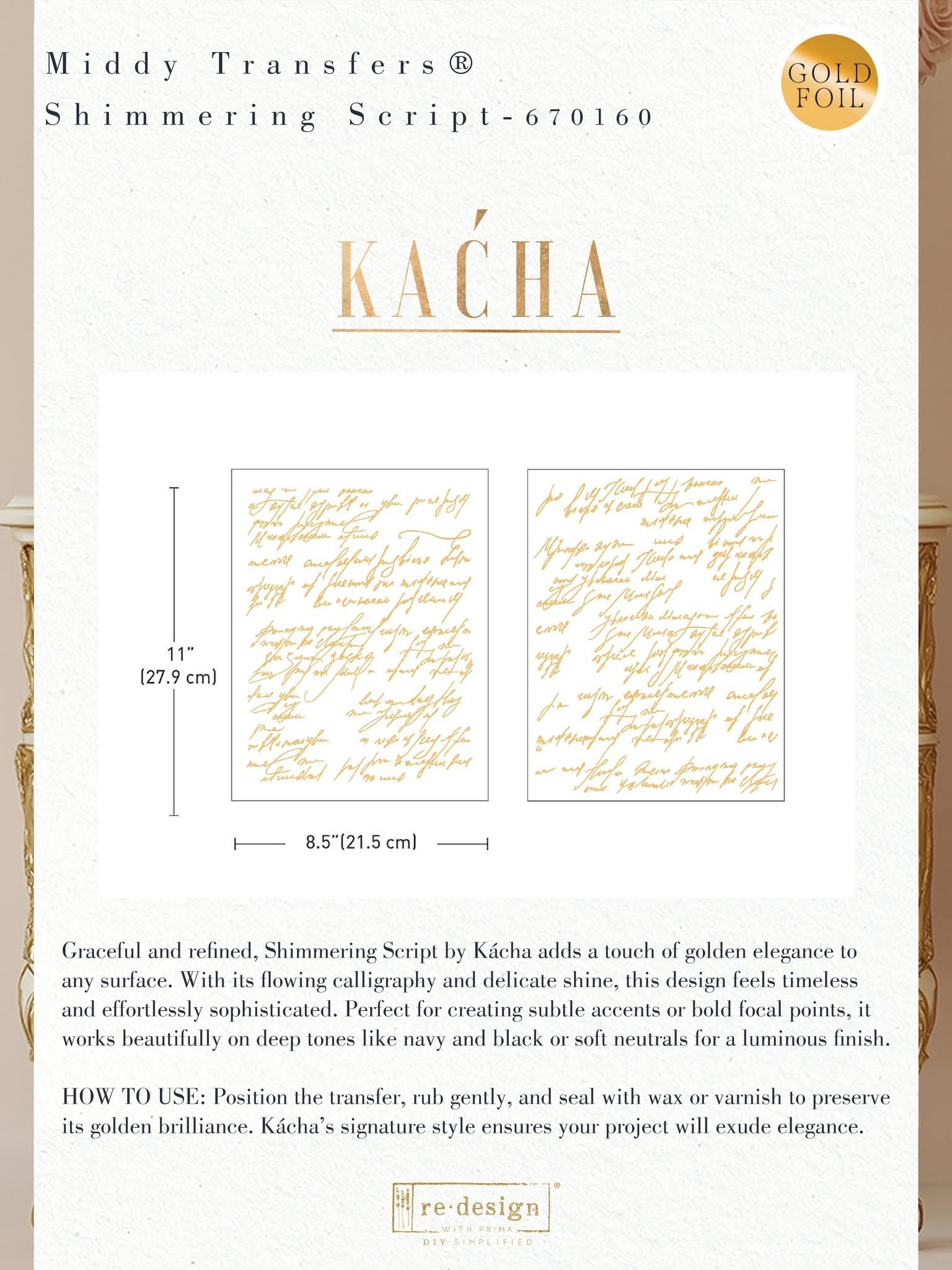 * New* Redesign with Prima Kacha Gold Foil Flat packed Middy Transfer Shimmering Script ( 2 sheets)