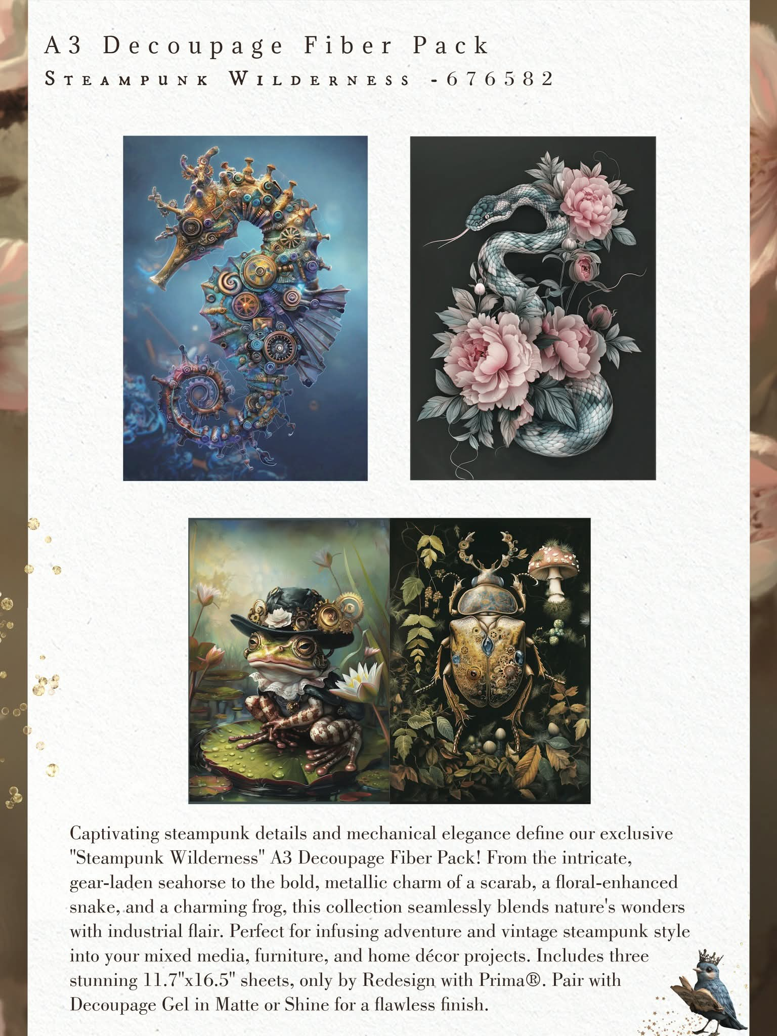 *New Exclusive Limited Edition* Redesign with Prima Steampunk Wilderness A3 DECOUPAGE FIBRE papers- 3 SHEETS, 11.7”X16.5”