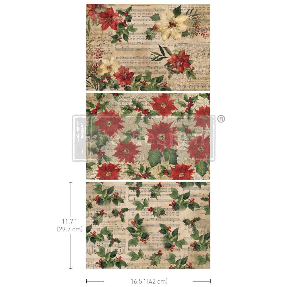 *New* Redesign with Prima Poinsettias  A3 DECOUPAGE FIBRE papers- 3 SHEETS, 11.7”X16.5”