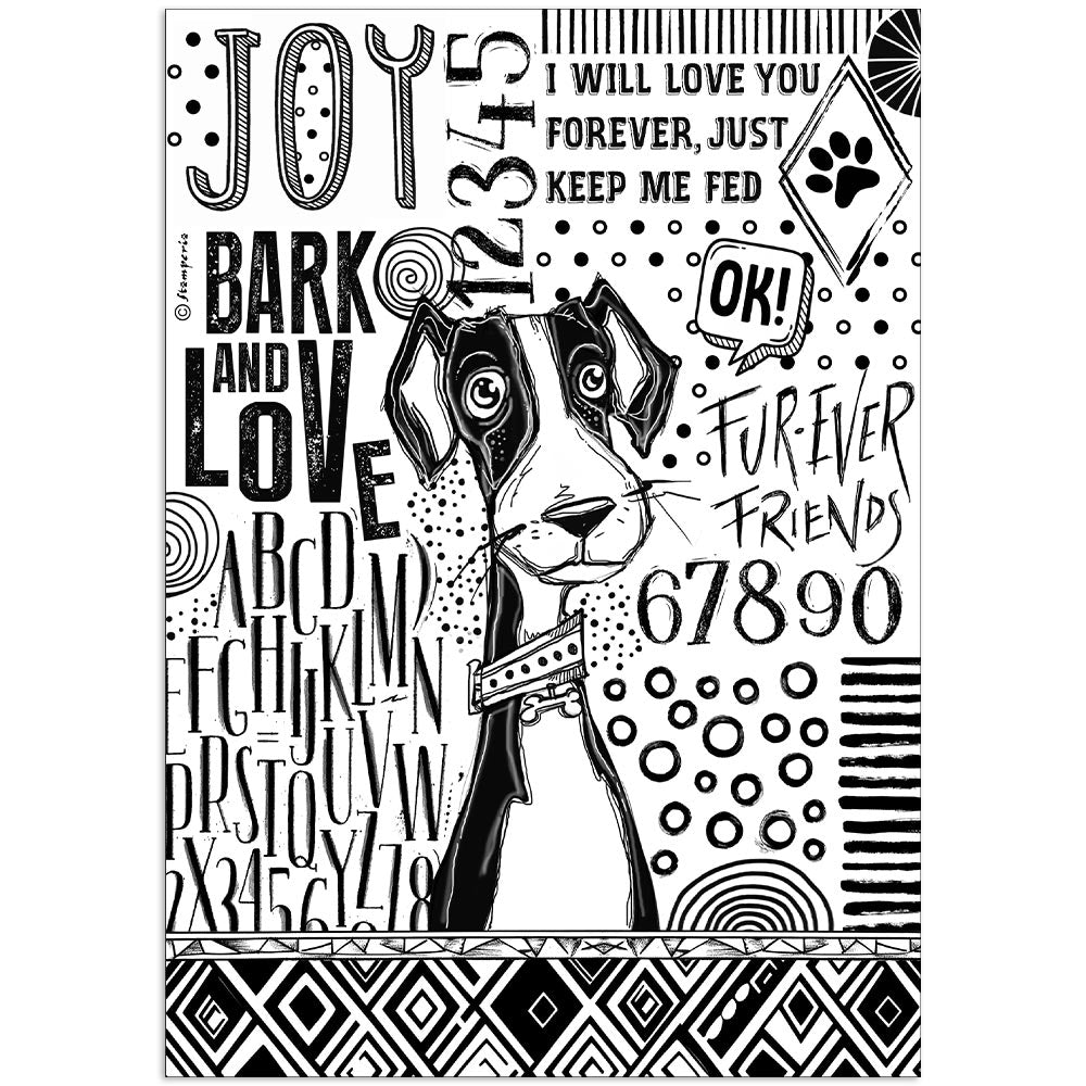 *New* Stamperia Rice Paper Furry Friends Black & White Dog Single A4 sheet