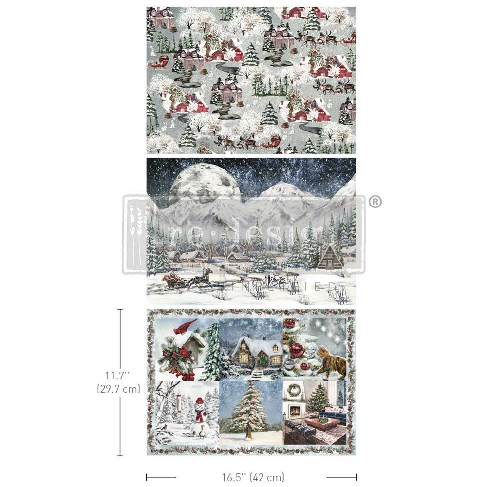 *New* Redesign with Prima Snowfall Splendor A3 DECOUPAGE FIBRE papers- 3 SHEETS, 11.7”X16.5”