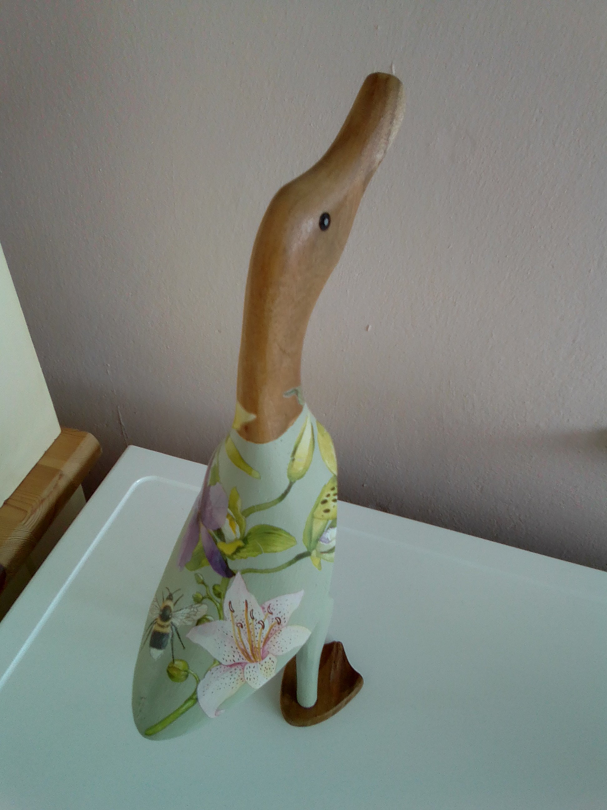 Vintage blue 'Tropical flowers' large wooden duck