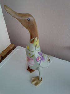 Vintage blue 'Tropical flowers' large wooden duck