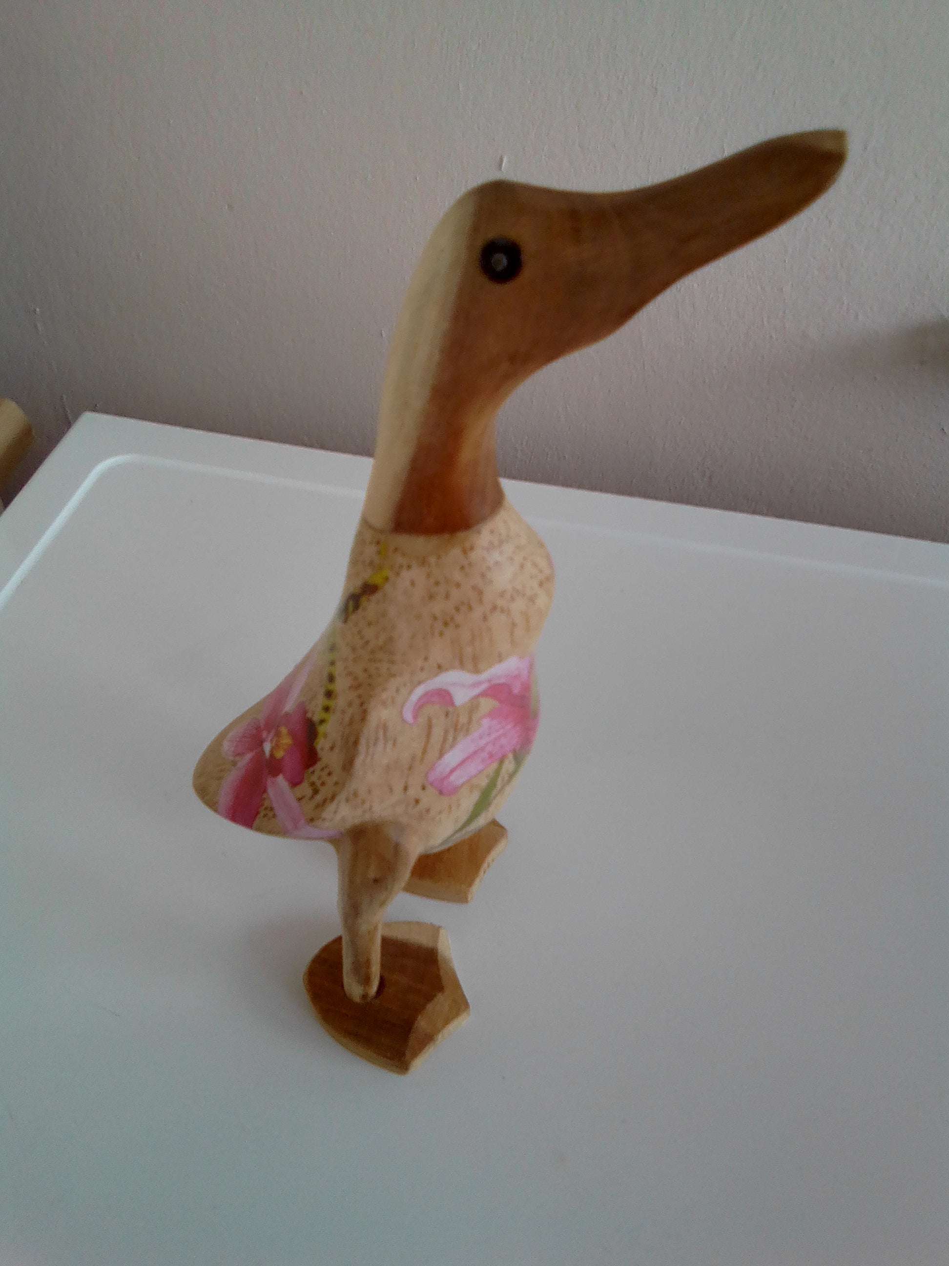 Vintage blue 'Tropical Flowers' natural small wooden duck