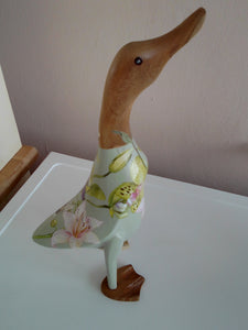 Vintage blue 'Tropical flowers' large wooden duck