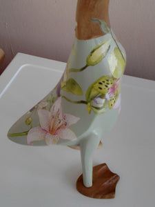 Vintage blue 'Tropical flowers' large wooden duck